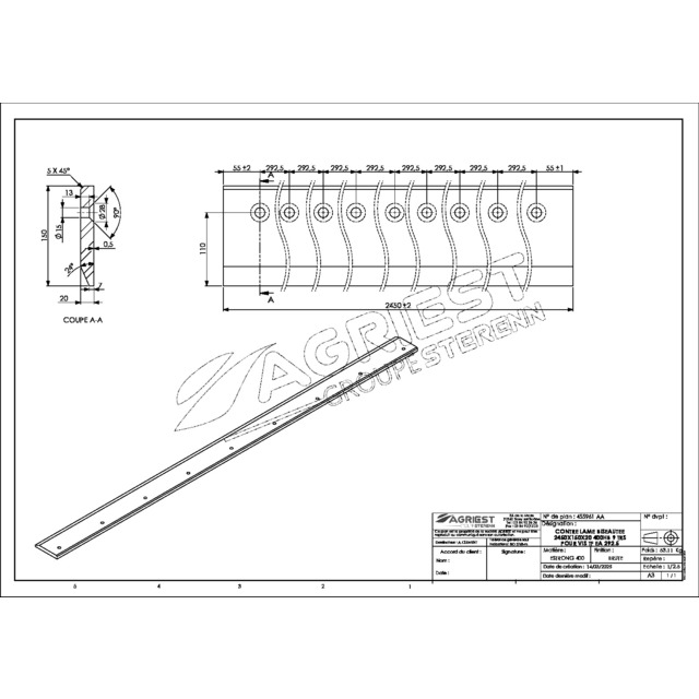 Contre Lame 150X20 LG 2450 400HB 9 TRS pour VIS TFØ14 EA 292,5 référence fournisseur 455961